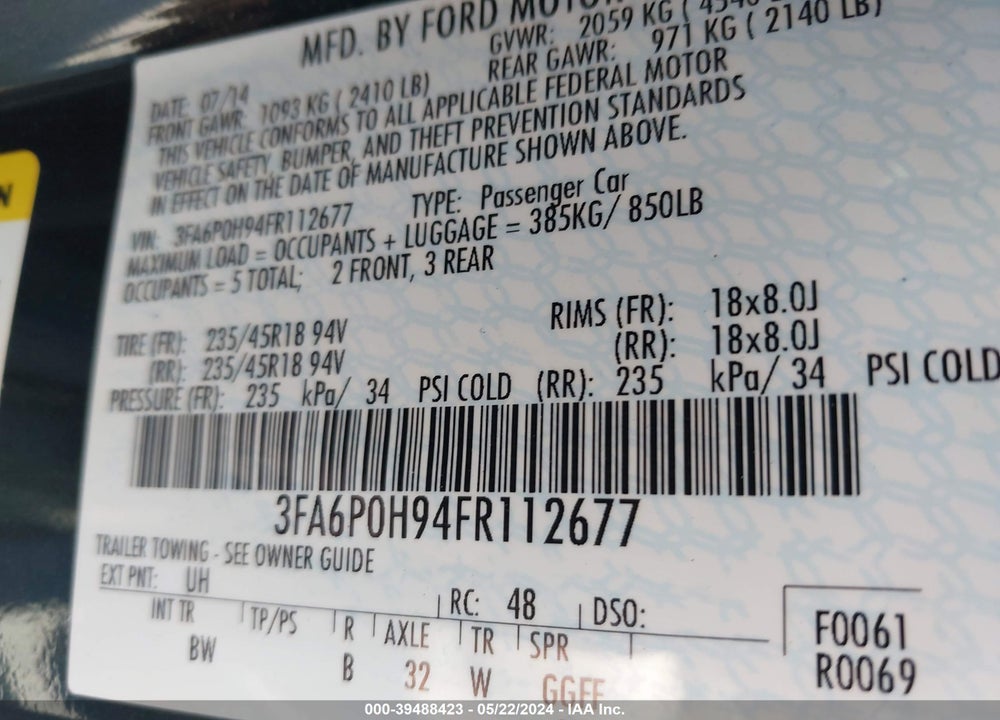 2015 FORD FUSION SE VIN: 3FA6P0H94FR112677