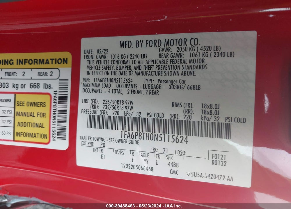 2022 FORD MUSTANG ECOBOOST PREMIUM FASTBACK VIN: 1FA6P8TH0N5115624
