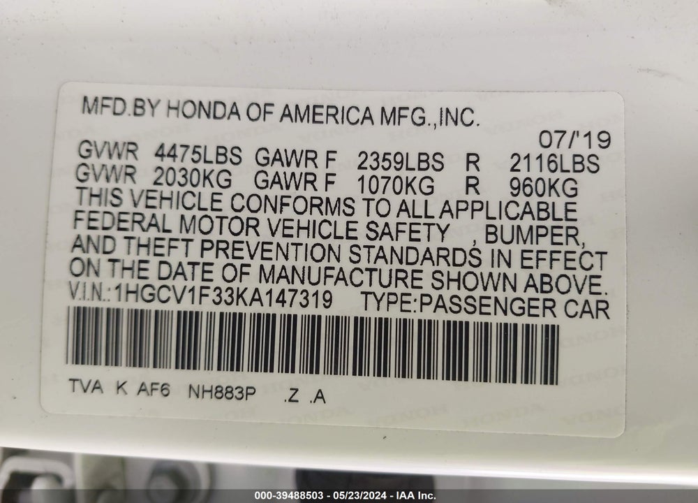 2019 HONDA ACCORD VIN: 1HGCV1F33KA147319
