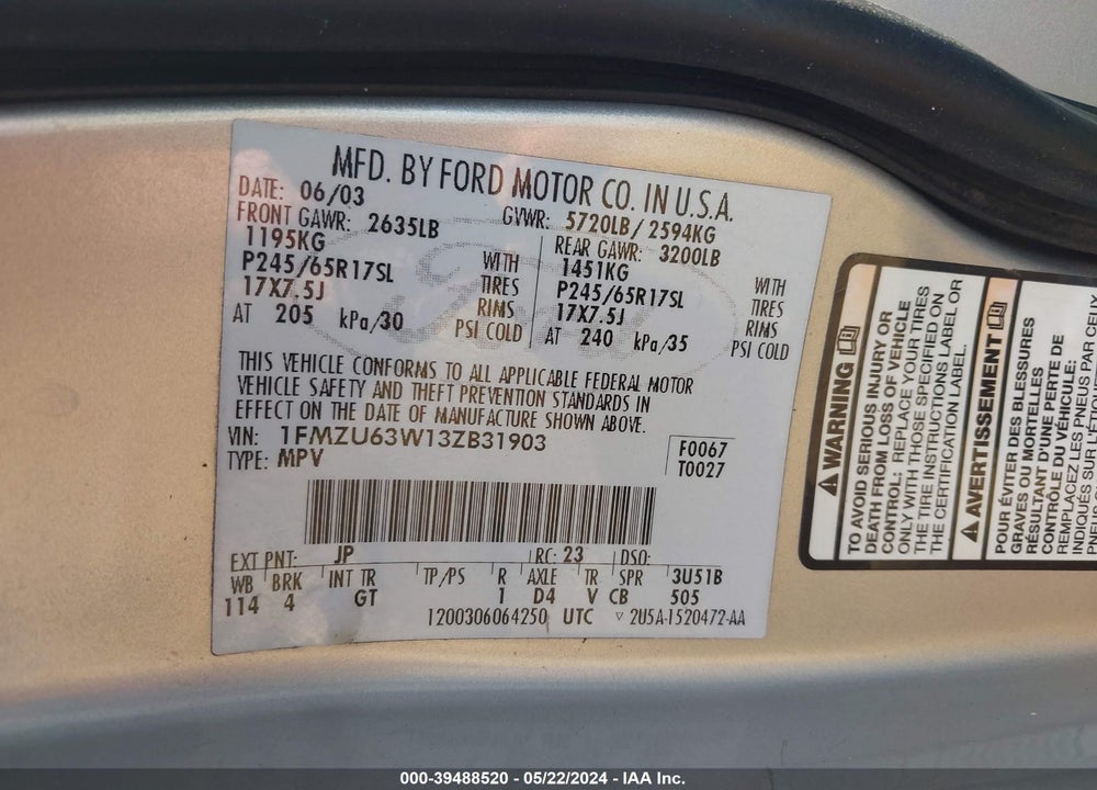 2003 FORD EXPLORER VIN: 1FMZU63W13ZB31903