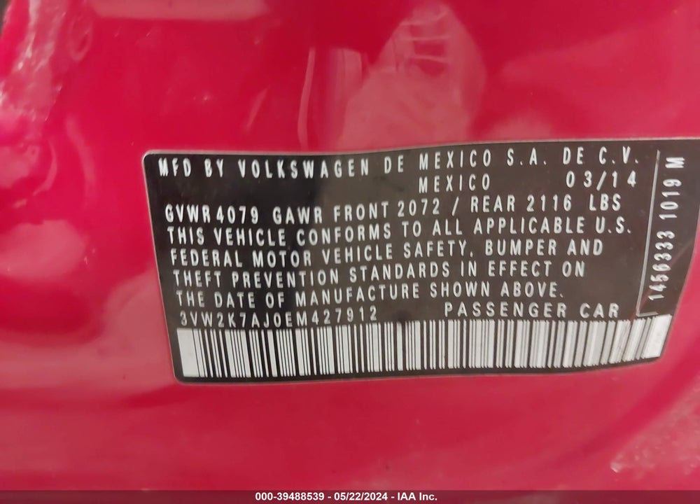 2014 VOLKSWAGEN JETTA 2.0L S VIN: 3VW2K7AJ0EM427912