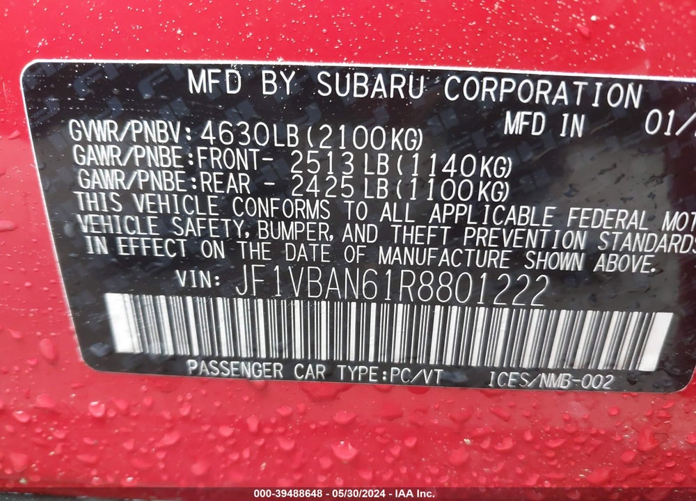 2024 SUBARU WRX LIMITED VIN: JF1VBAN61R8801222