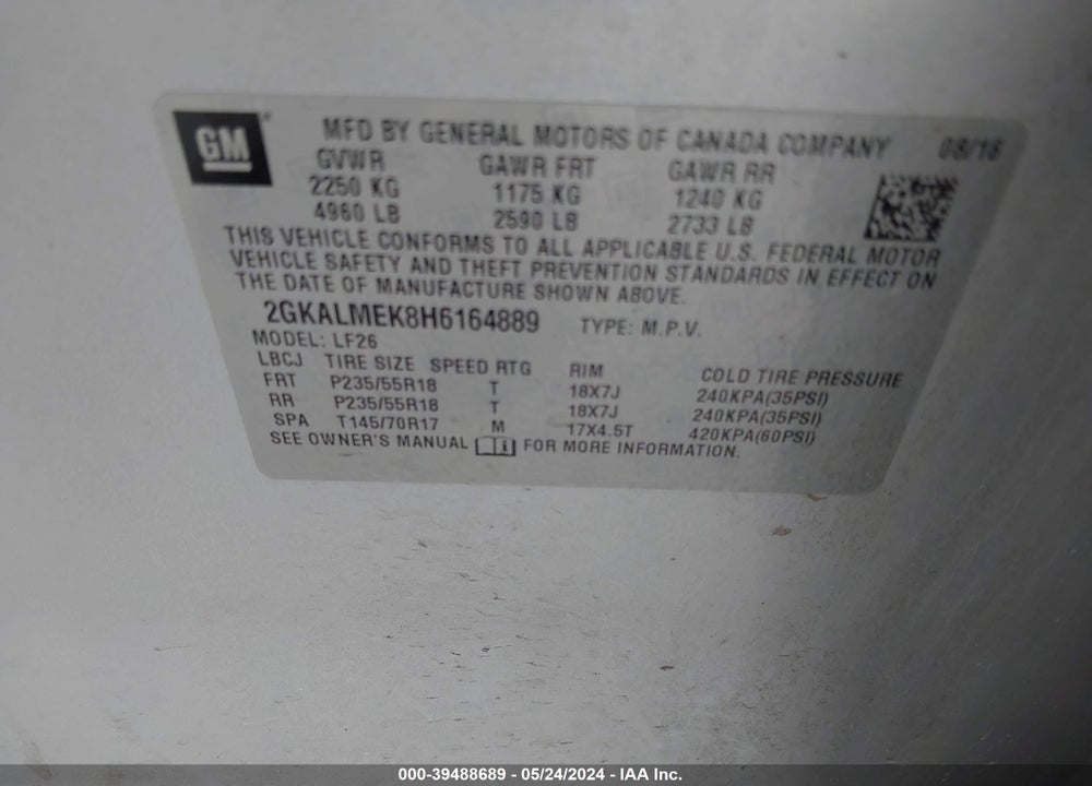 2017 GMC TERRAIN VIN: 2GKALMEK8H6164889
