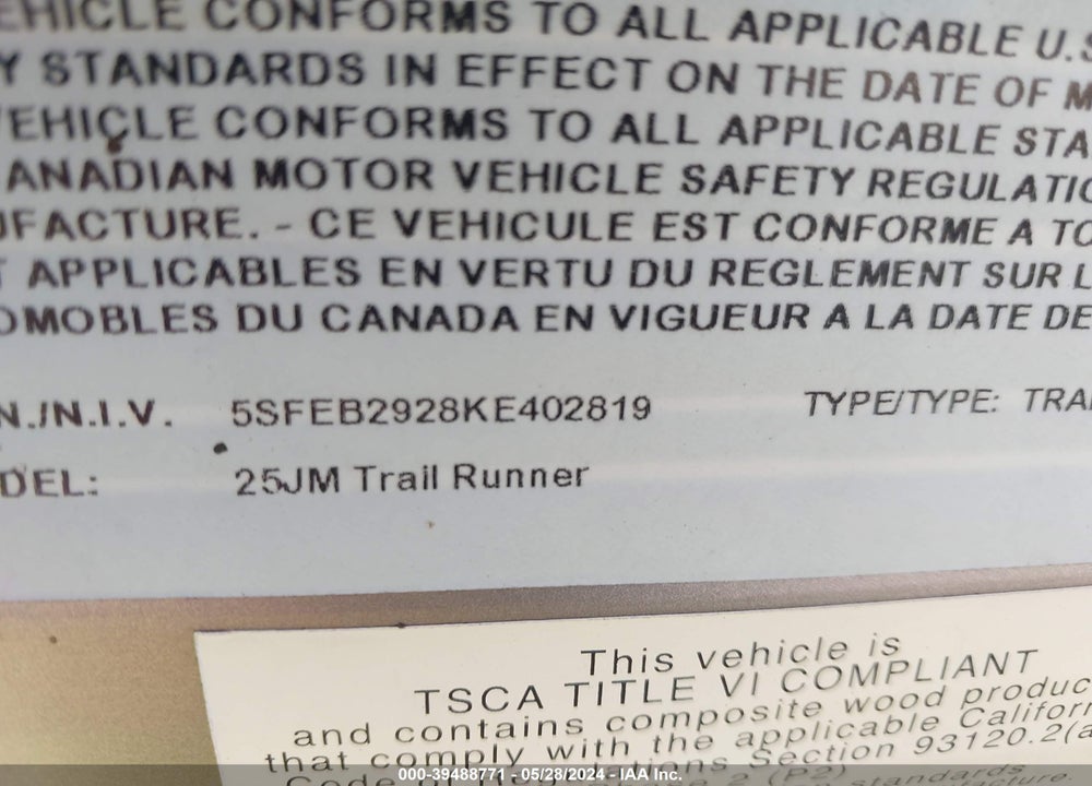 2019 HEARTLAND RV OTHER VIN: 5SFEB2928KE402819