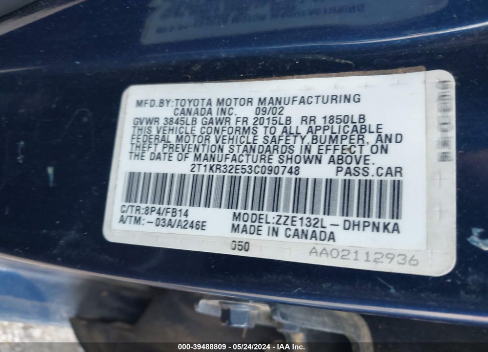 2003 TOYOTA MATRIX/XR VIN: 2T1KR32E53C090748