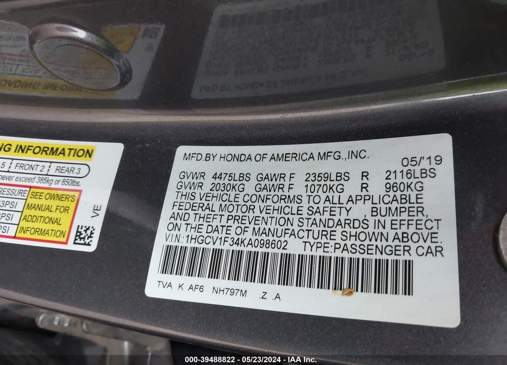 2019 HONDA ACCORD SPORT VIN: 1HGCV1F34KA098602