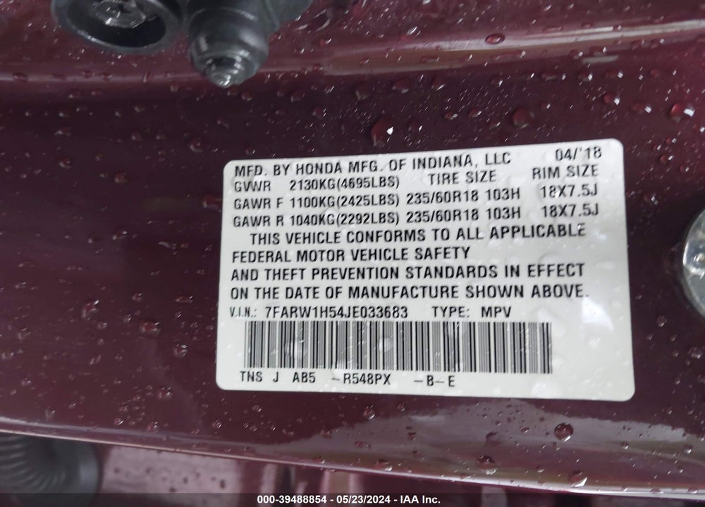2018 HONDA CR-V EX VIN: 7FARW1H54JE033683