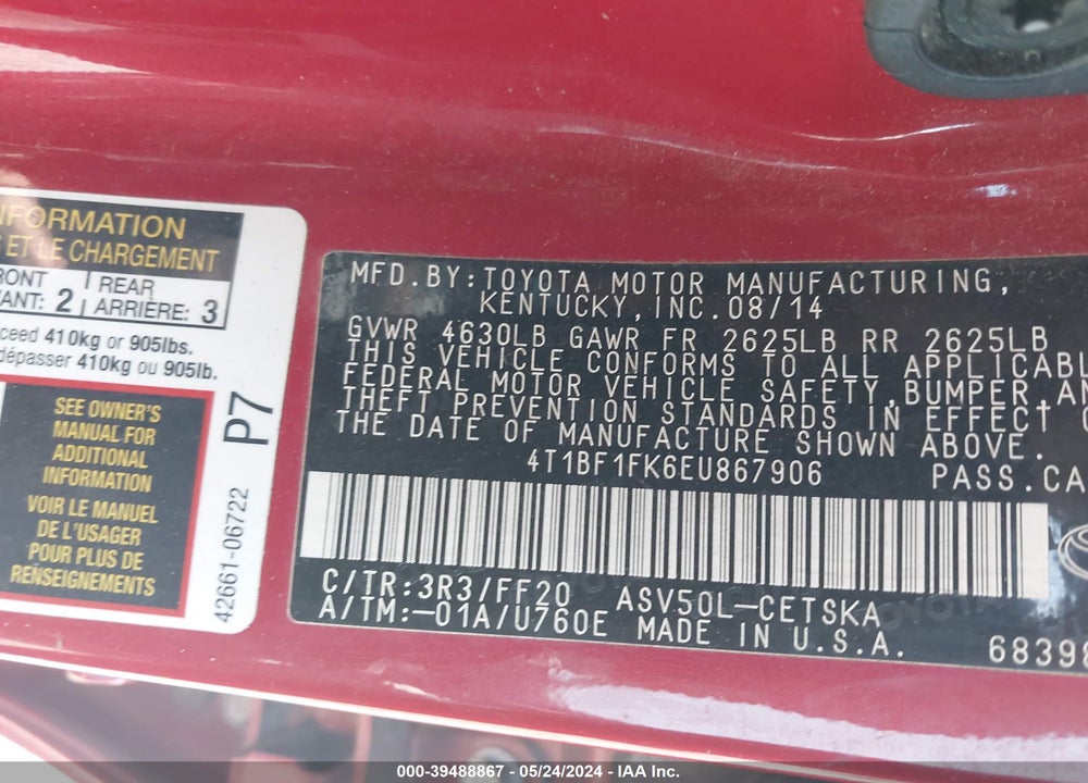 2014 TOYOTA CAMRY SE VIN: 4T1BF1FK6EU867906