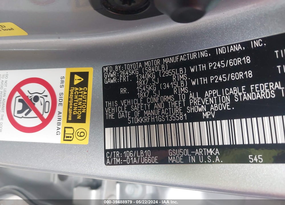 2016 TOYOTA HIGHLANDER XLE V6 VIN: 5TDKKRFH1GS135581