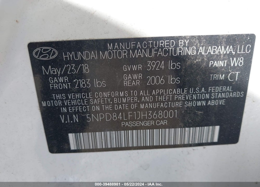 2018 HYUNDAI ELANTRA SEL VIN: 5NPD84LF1JH368001