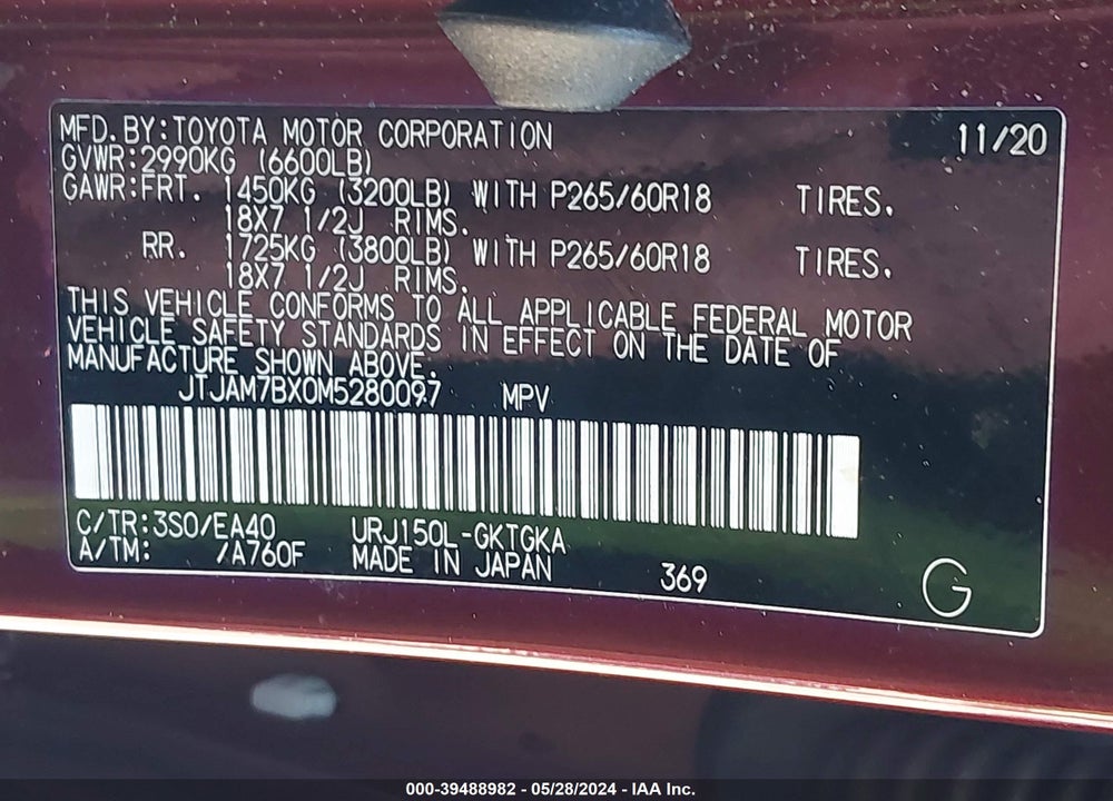2021 LEXUS 460 PREMIUM VIN: JTJAM7BX0M5280097