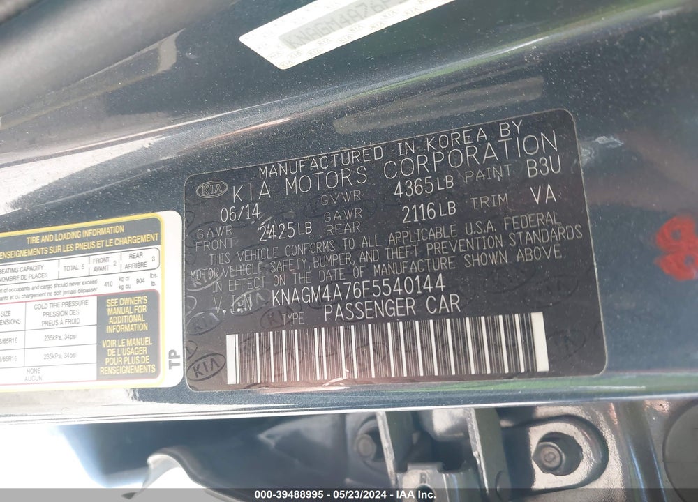 2015 KIA OPTIMA LX VIN: KNAGM4A76F5540144