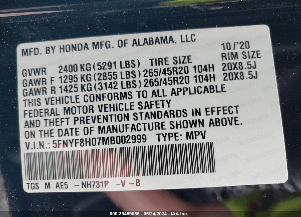 2021 HONDA PASSPORT AWD ELITE VIN: 5FNYF8H07MB002999