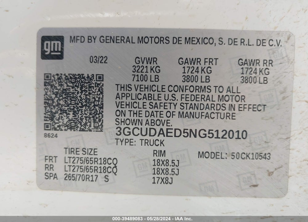 2022 CHEVROLET SILVERADO 1500 4WD SHORT BED WT VIN: 3GCUDAED5NG512010