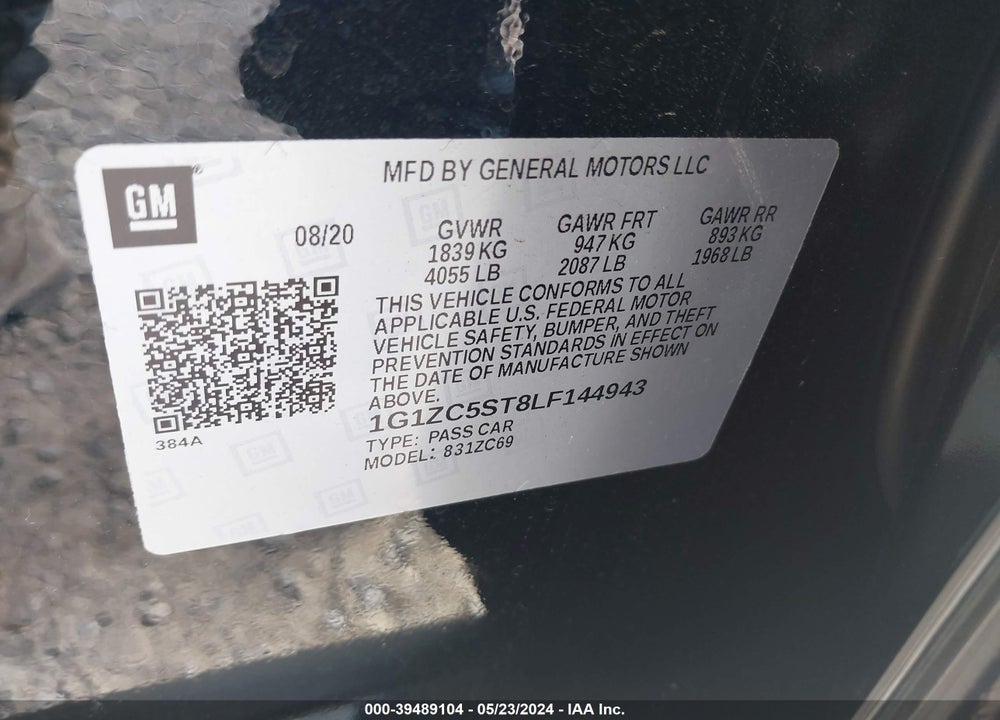 2020 CHEVROLET MALIBU FWD 1FL VIN: 1G1ZC5ST8LF144943