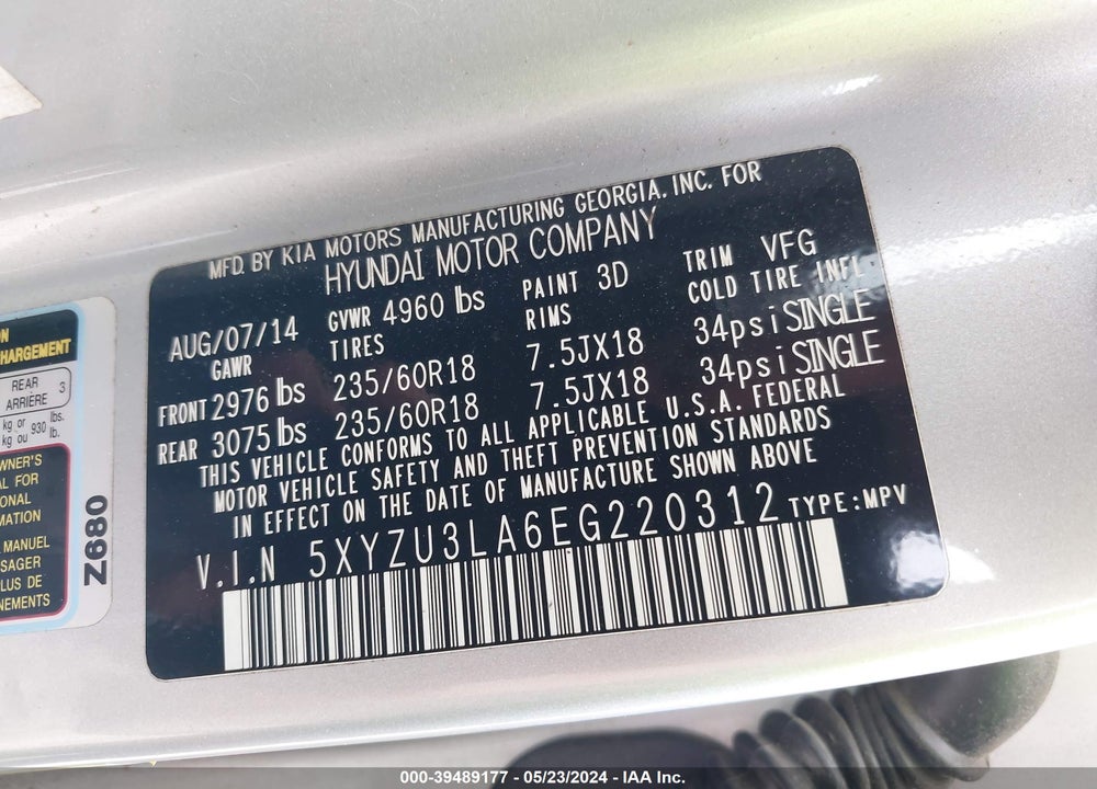 2014 HYUNDAI SANTA FE SPORT VIN: 5XYZU3LA6EG220312