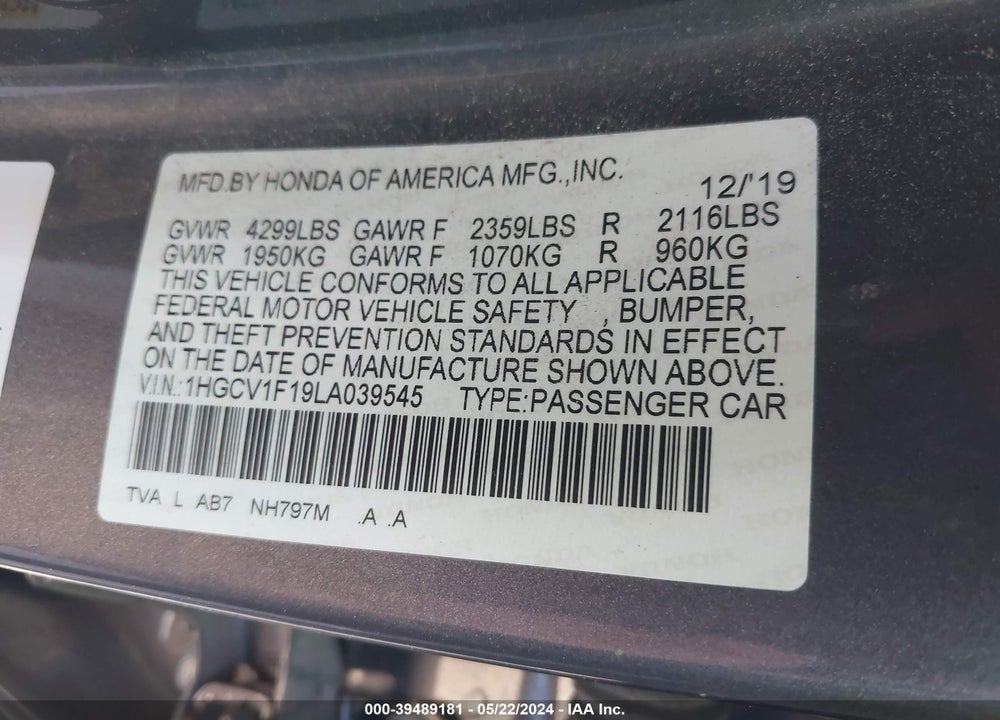 2020 HONDA ACCORD LX VIN: 1HGCV1F19LA039545