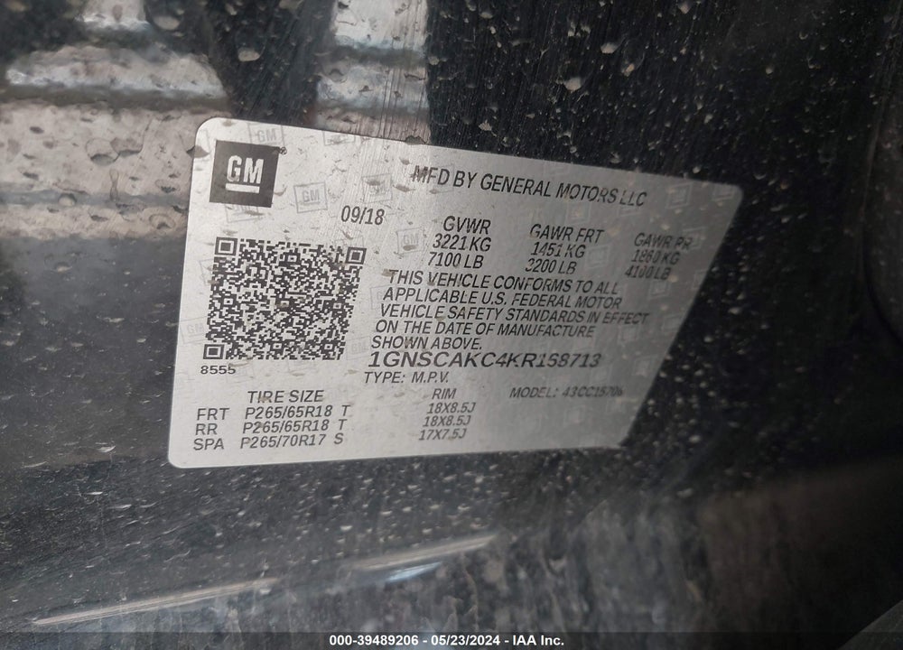 2019 CHEVROLET TAHOE LS VIN: 1GNSCAKC4KR168713
