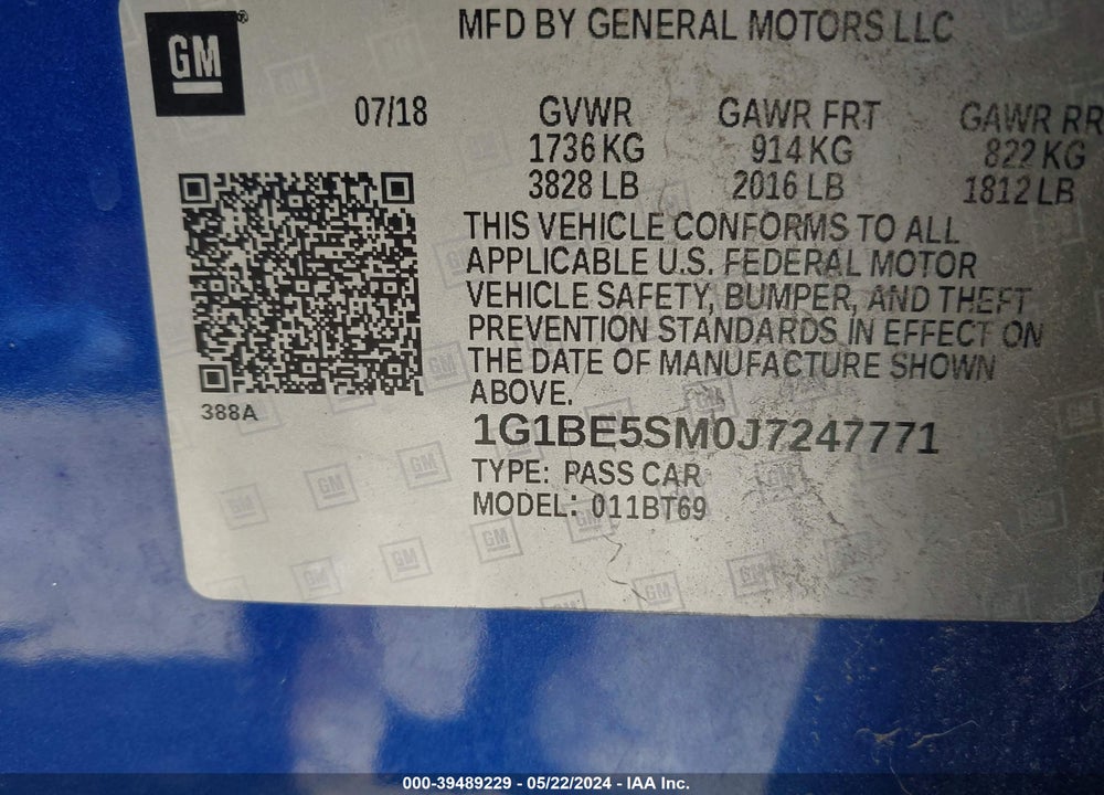2018 CHEVROLET CRUZE LT AUTO VIN: 1G1BE5SM0J7247771