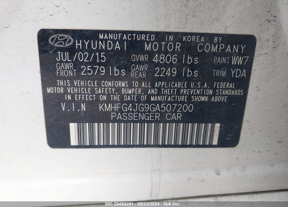 2016 HYUNDAI AZERA VIN: KMHFG4JG9GA507200