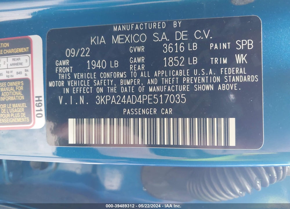 2023 KIA RIO S VIN: 3KPA24AD4PE517035