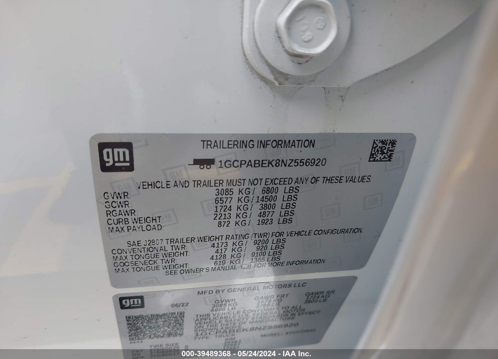 2022 CHEVROLET SILVERADO 1500 2WD SHORT BED CUSTOM VIN: 1GCPABEK8NZ556920