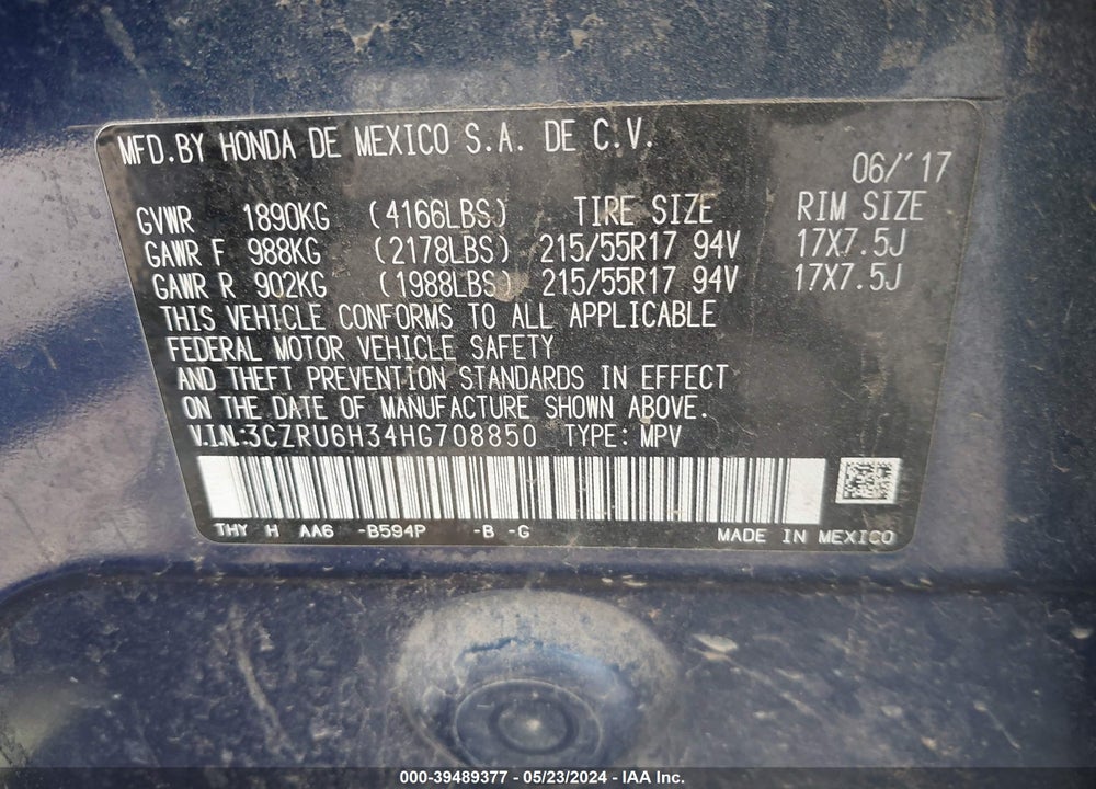 2017 HONDA HR-V LX VIN: 3CZRU6H34HG708850