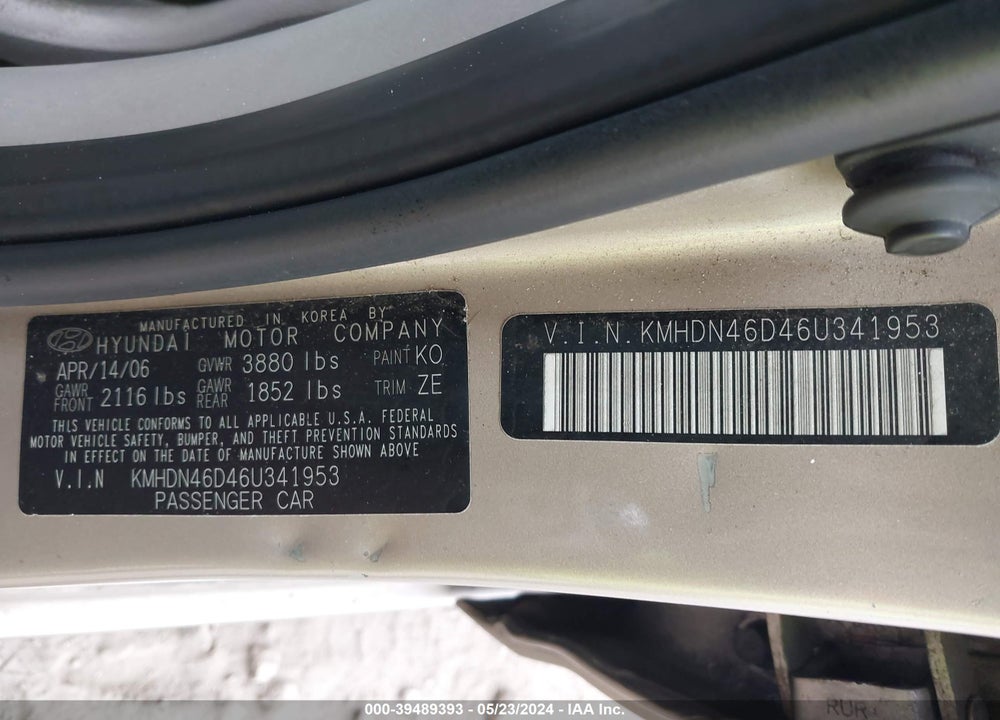 2006 HYUNDAI ELANTRA VIN: KMHDN46D46U341953