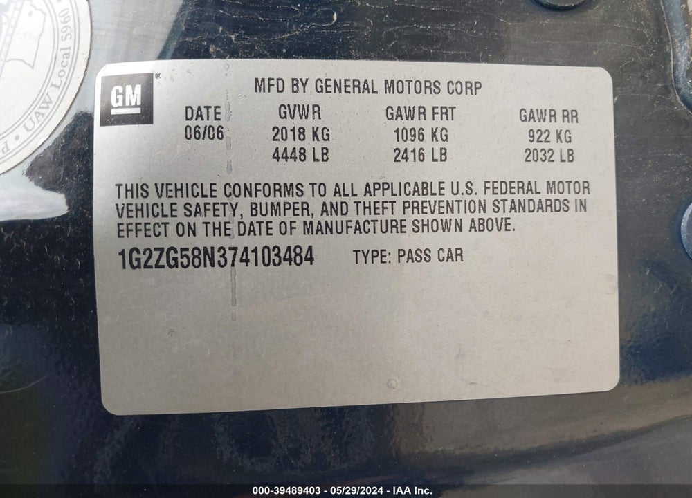2007 PONTIAC G6 VIN: 1G2ZG58N374103484