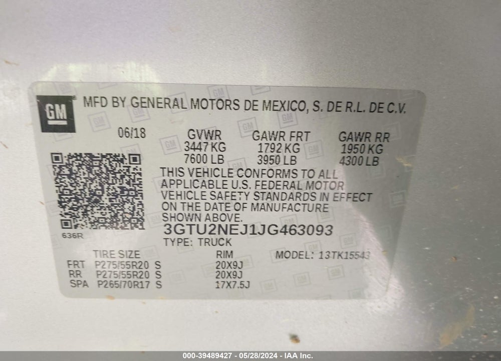 2018 GMC SIERRA 1500 SLT VIN: 3GTU2NEJ1JG463093
