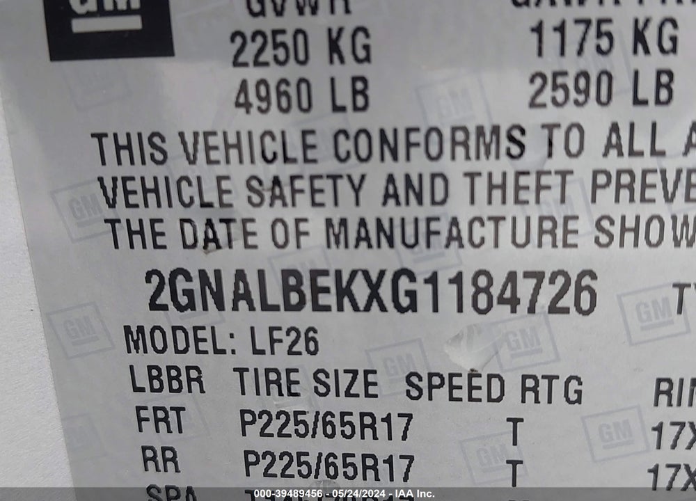 2016 CHEVROLET EQUINOX L VIN: 2GNALBEKXG1184726
