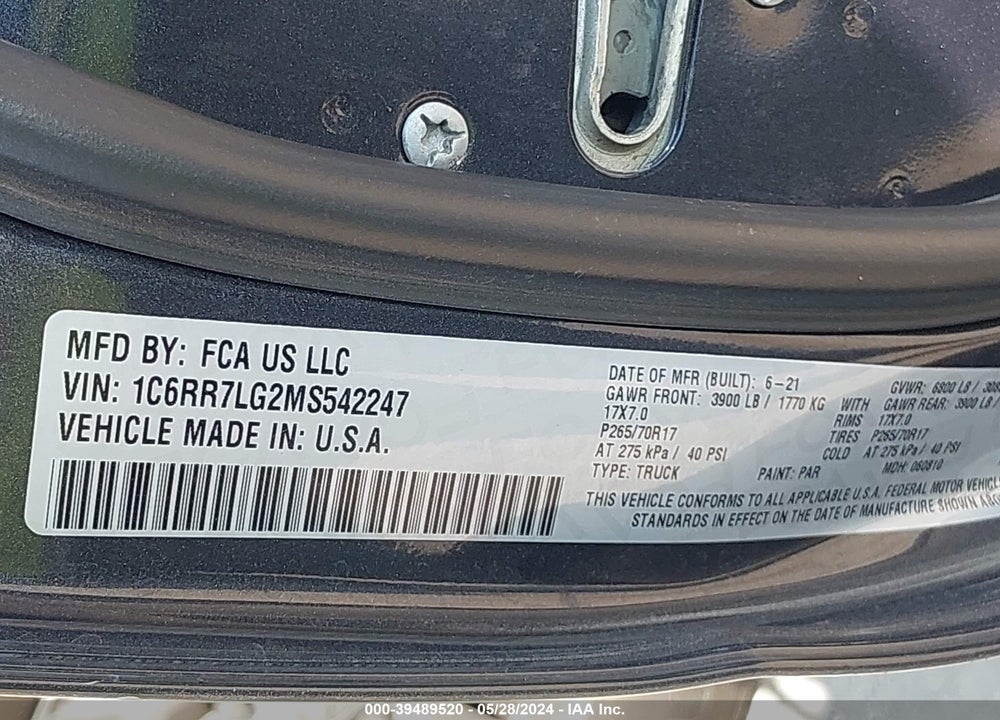 2021 RAM 1500 CLASSIC SLT 4X4 5'7 BOX VIN: 1C6RR7LG2MS542247