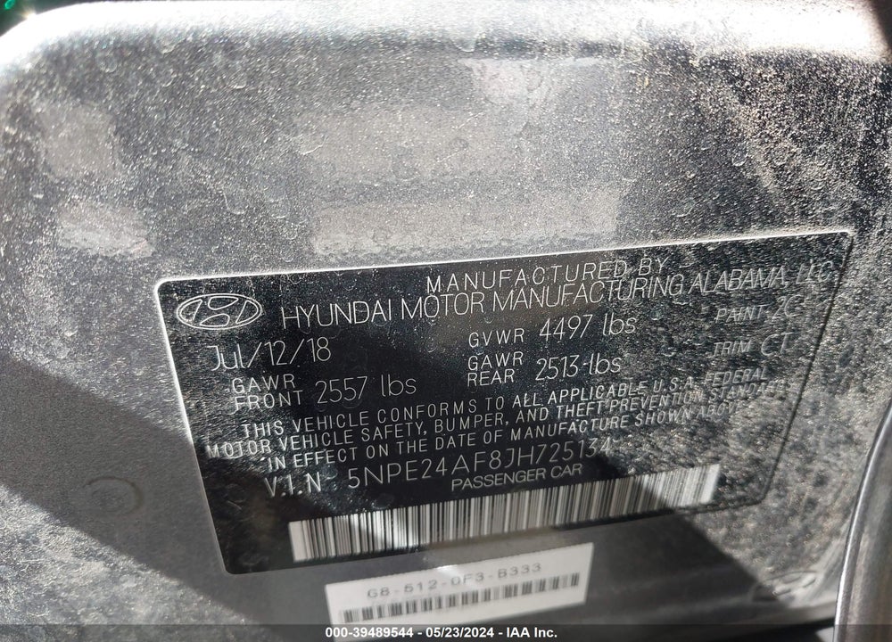2018 HYUNDAI SONATA SE VIN: 5NPE24AF8JH725134