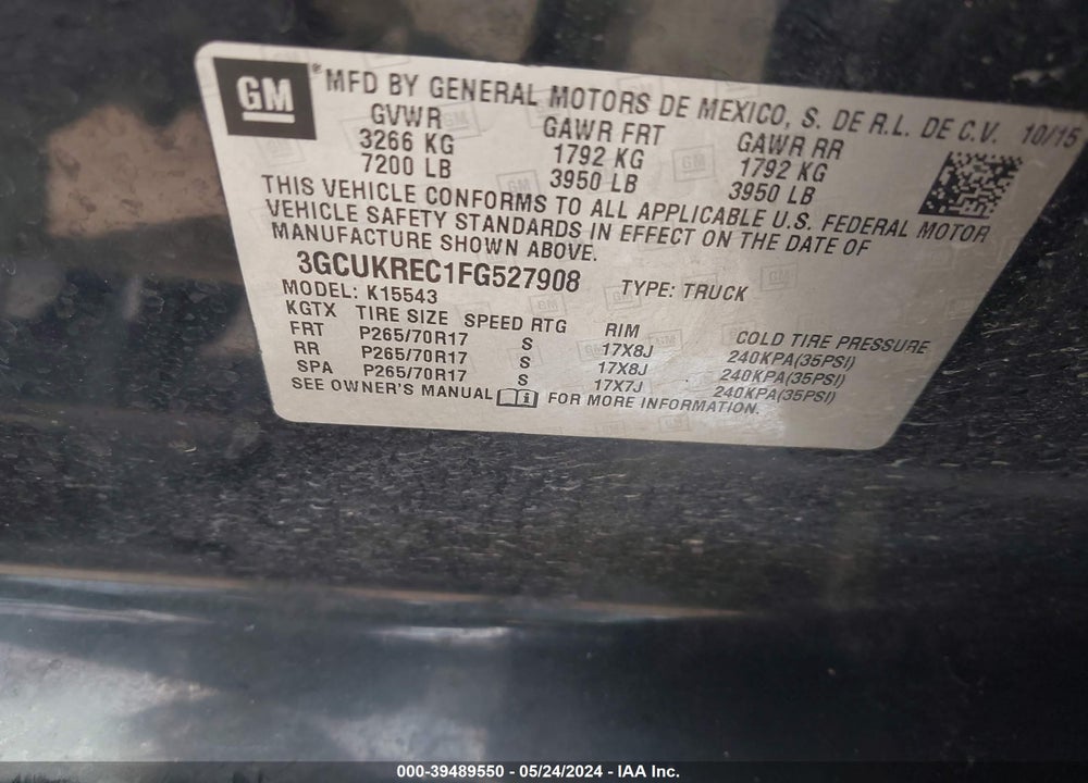 2015 CHEVROLET SILVERADO 1500 2LT VIN: 3GCUKREC1FG527908