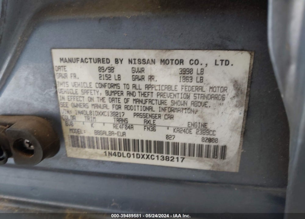 1999 NISSAN ALTIMA GLE/GXE/SE/SE-L/XE VIN: 1N4DL01DXXC138217