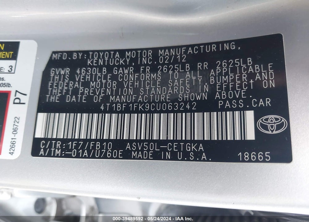 2012 TOYOTA CAMRY XLE VIN: 4T1BF1FK9CU063242