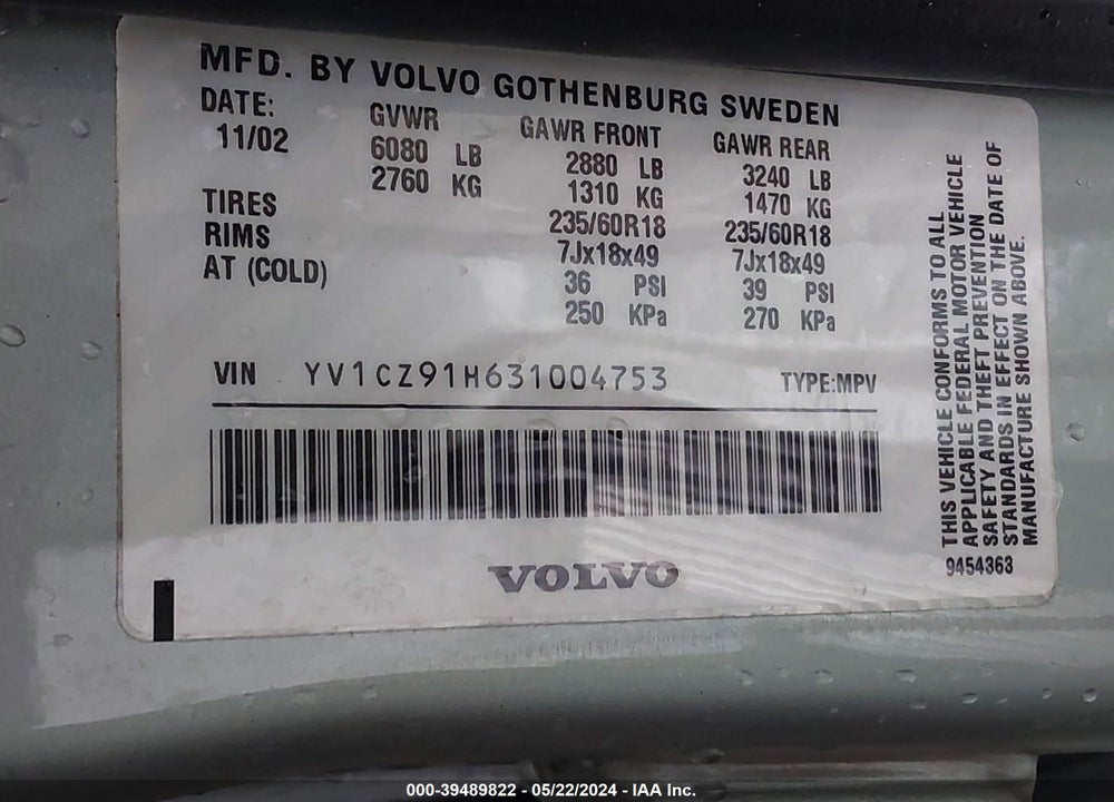 2003 VOLVO XC90 T6 VIN: YV1CZ91H631004753