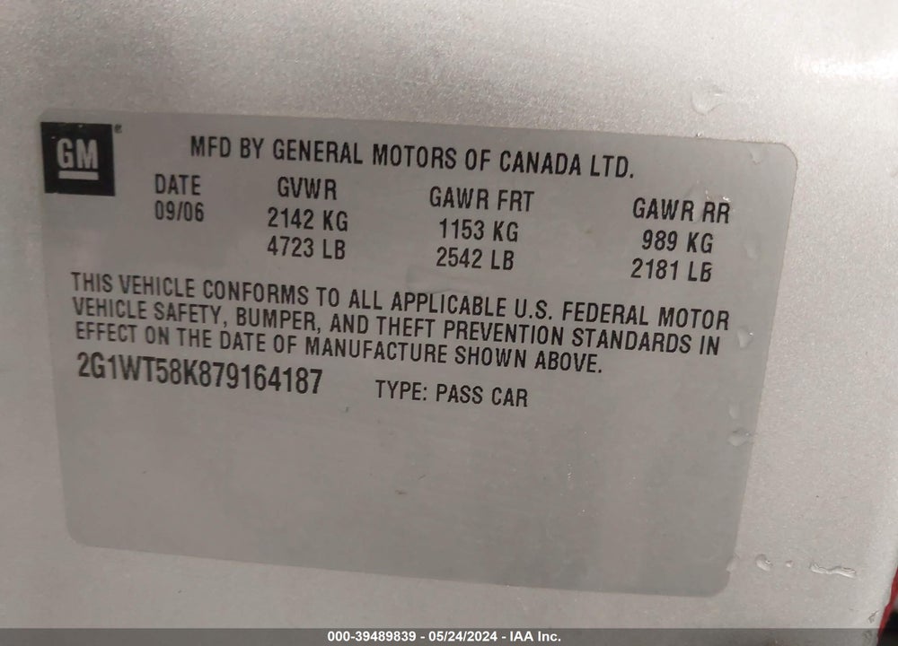 2007 CHEVROLET IMPALA LT VIN: 2G1WT58K879164187