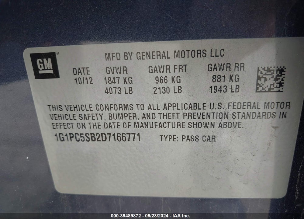 2013 CHEVROLET CRUZE VIN: 1G1PC5SB2D7166771