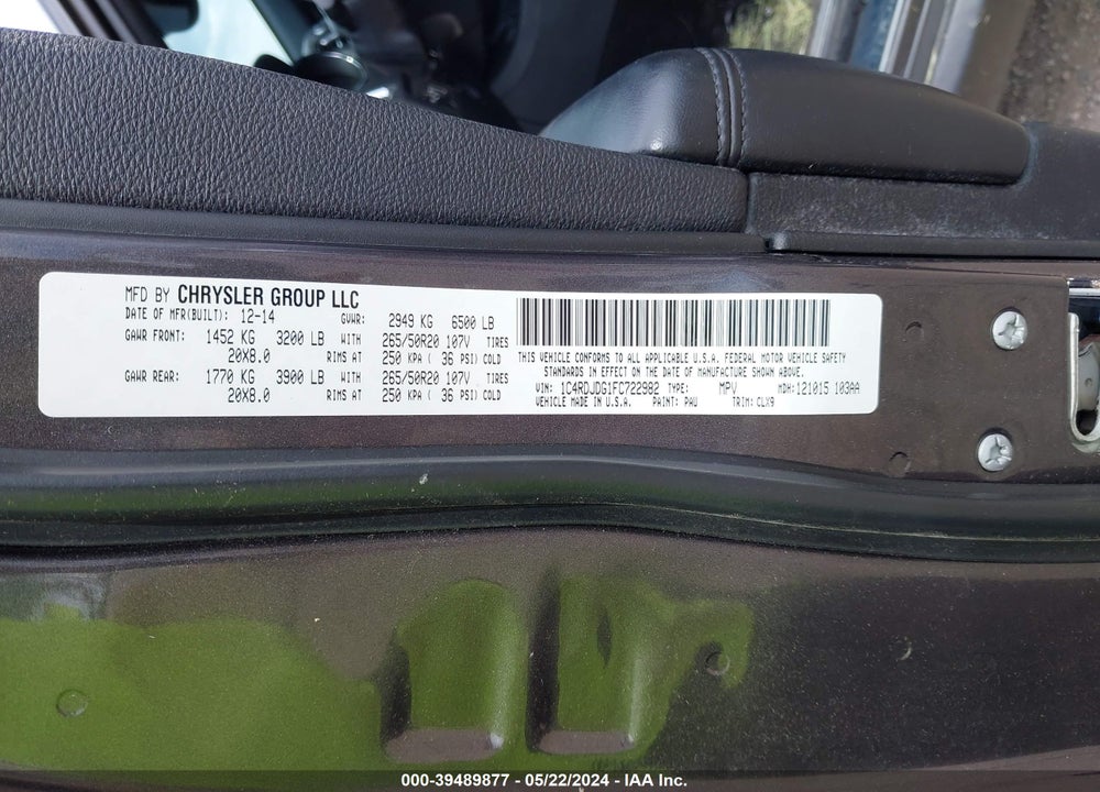 2015 DODGE DURANGO LIMITED VIN: 1C4RDJDG1FC722982