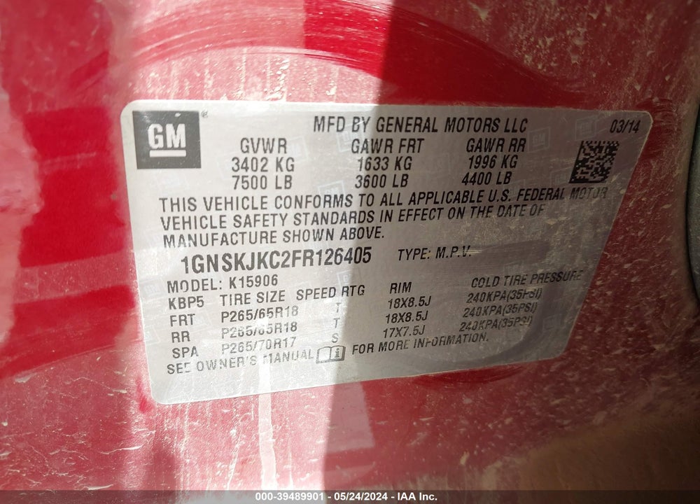 2015 CHEVROLET SUBURBAN 1500 LT VIN: 1GNSKJKC2FR126405