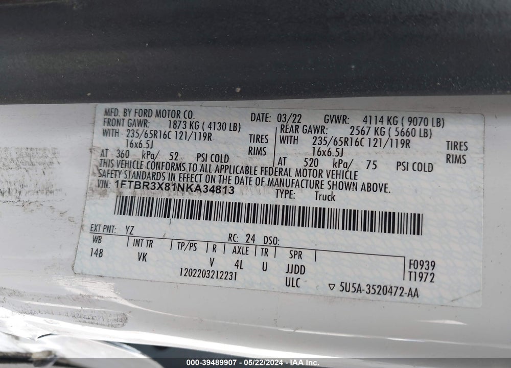 2022 FORD TRANSIT-250 CARGO VAN VIN: 1FTBR3X81NKA34813