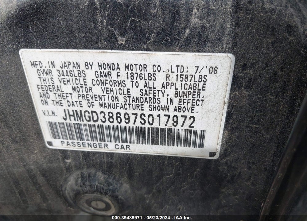 2007 HONDA FIT SPORT VIN: JHMGD38697S017972