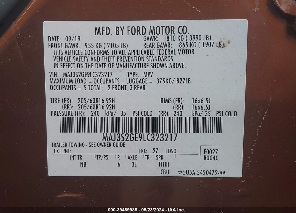 2020 FORD ECOSPORT SE VIN: MAJ3S2GE9LC323217