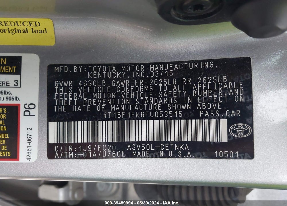 2015 TOYOTA CAMRY LE VIN: 4T1BF1FK6FU053515