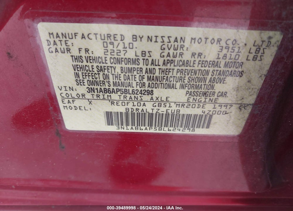 2011 NISSAN SENTRA 2.0SR VIN: 3N1AB6AP5BL624298