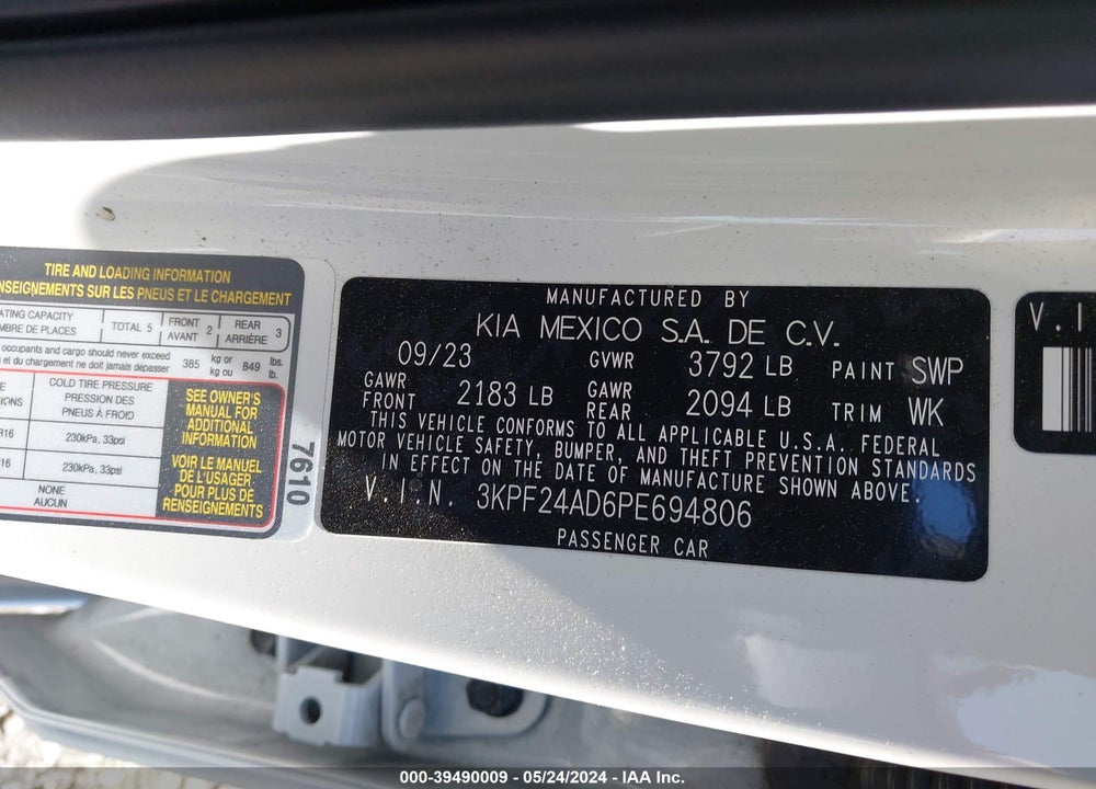 2023 KIA FORTE LXS VIN: 3KPF24AD6PE694806
