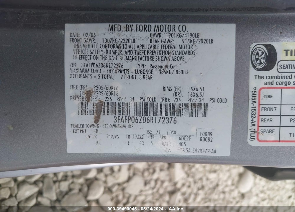 2006 FORD FUSION S VIN: 3FAFP06Z06R172376