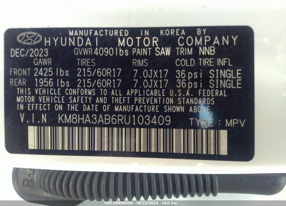 2024 HYUNDAI KONA SE VIN: KM8HA3AB6RU103409