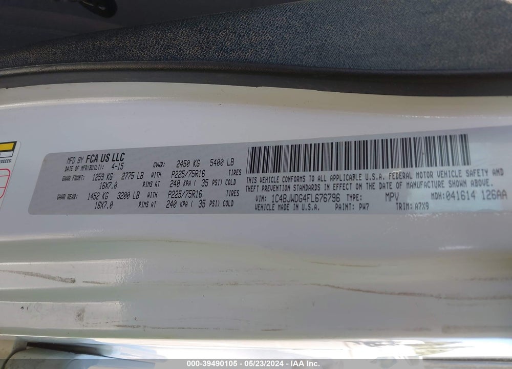 2015 JEEP WRANGLER UNLIMITED SPORT VIN: 1C4BJWDG4FL676796